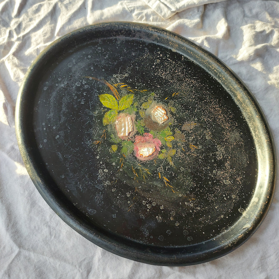 Large 19th Century Black Hand-painted Metal Serving Tray Dish